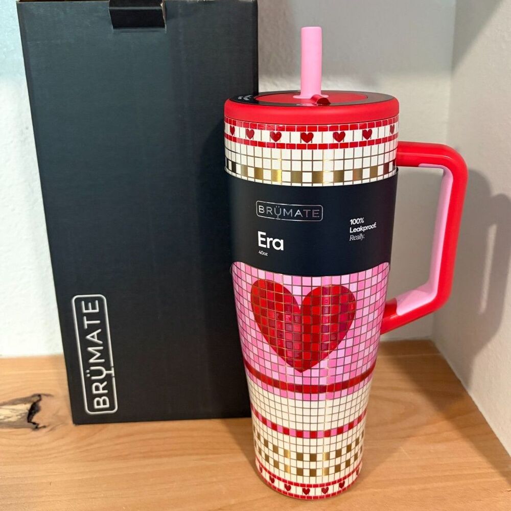 BrüMate Era Love On Lock Bistro Tile Heart Straw Mosaic Tumbler 40 Oz NIB